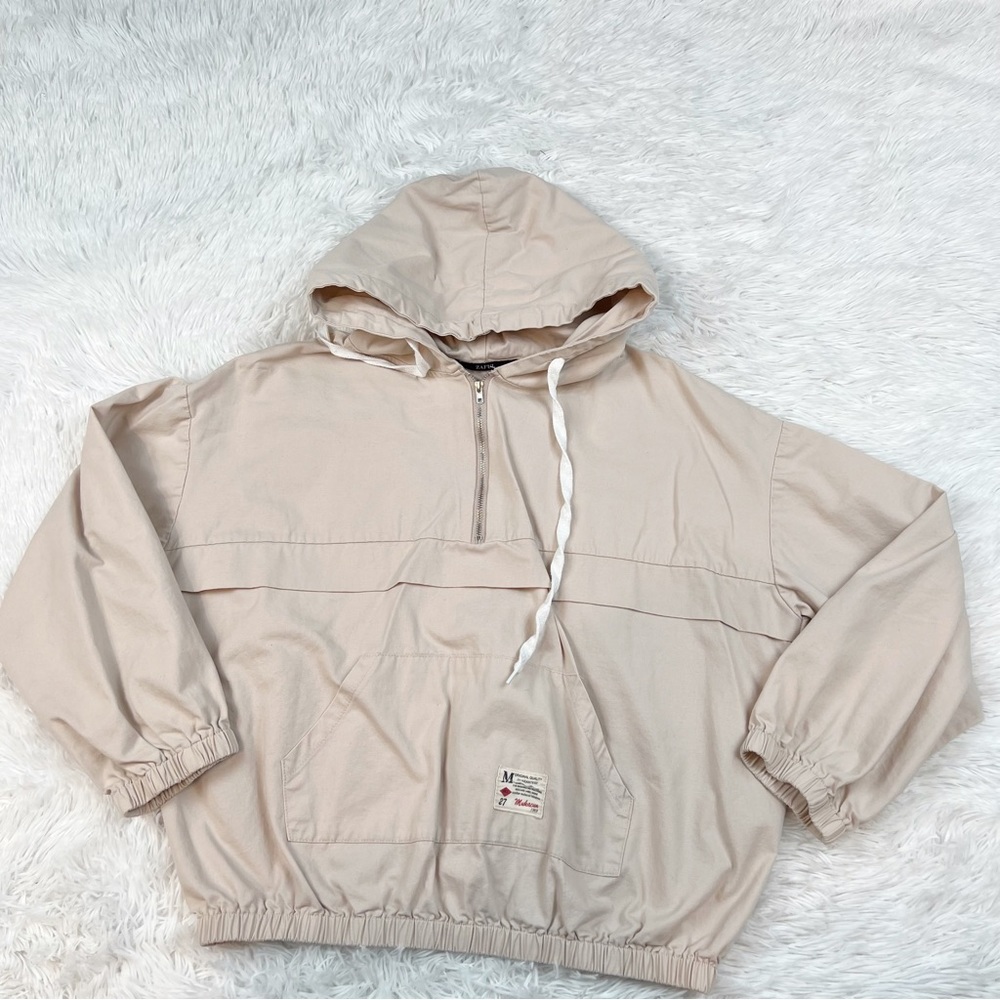 Long sleeve quarter zip pullover anorak hooded jacket‎ in beige elastic hem